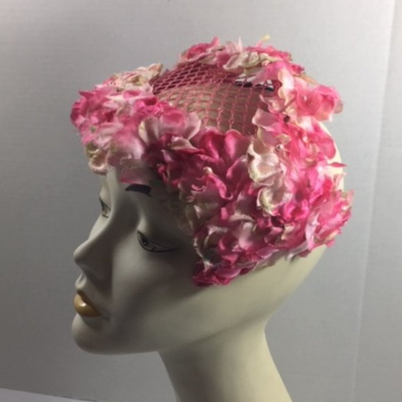 VTG 1950's Floral Blossom Capulet, Cocktail Hat w/ Pink White Flowers - Picture 2 of 7